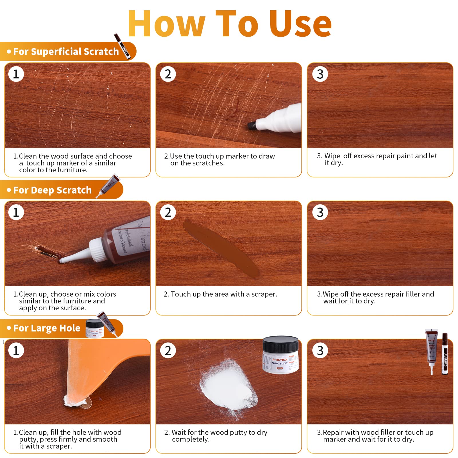 A-HEYIDA wood putty and sandpaper simplify filling large holes before finishing.