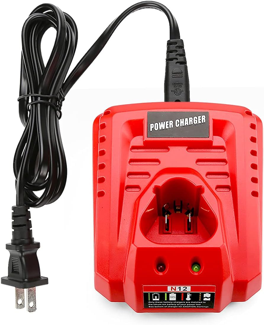 Ahomtikk 12V rapid charger for Milwaukee 48-59-2401, front view, compact and portable.