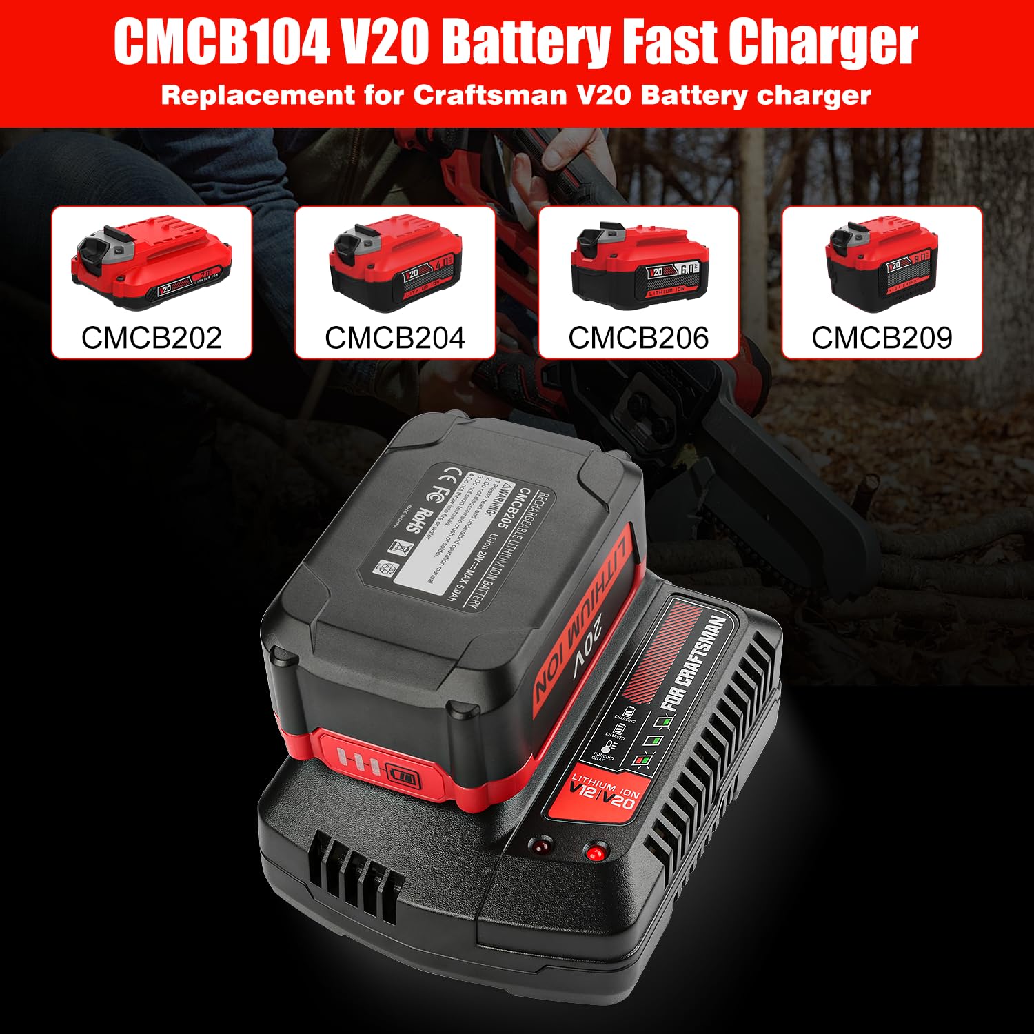Ahomtikk CMCB104 compatibility diagram showing Craftsman 20V battery fit