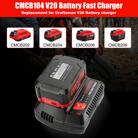 Ahomtikk CMCB104 compatibility diagram showing Craftsman 20V battery fit