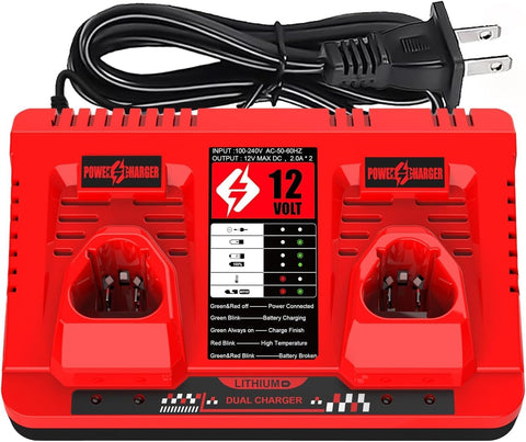 Ahomtikk Milwaukee 12V dual-port charger front view supports dual-battery charging