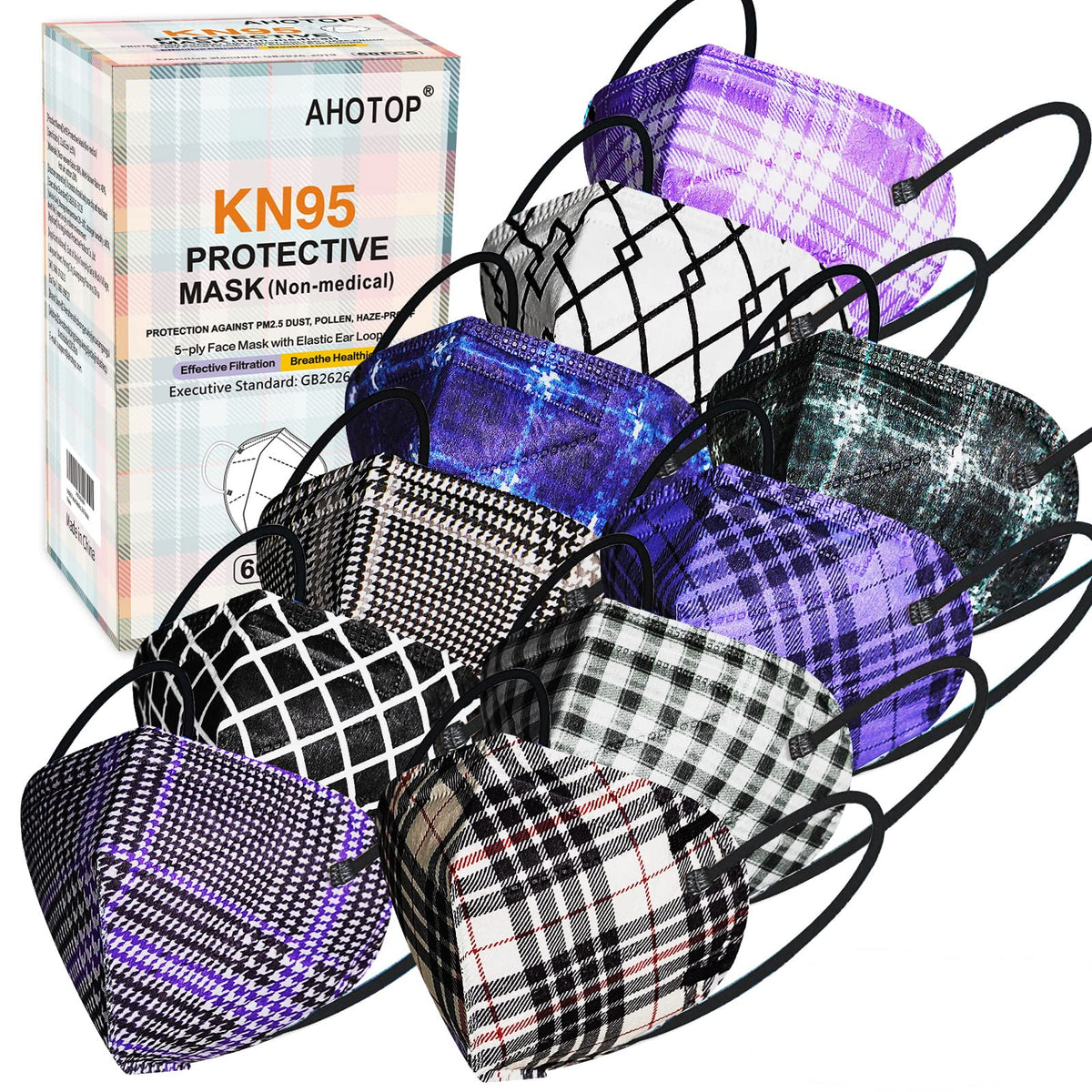 AHOTOP KN95 plaid-pattern masks offer stylish daily protection for adults.