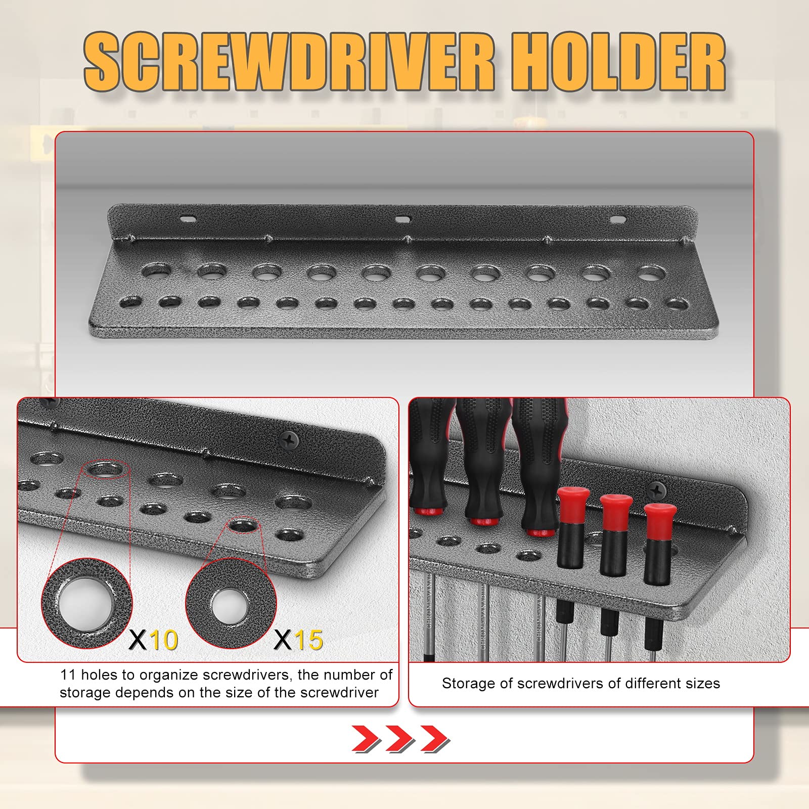AHOWPD three-shelf tool holder organizes screwdrivers, pliers, and hammers efficiently.