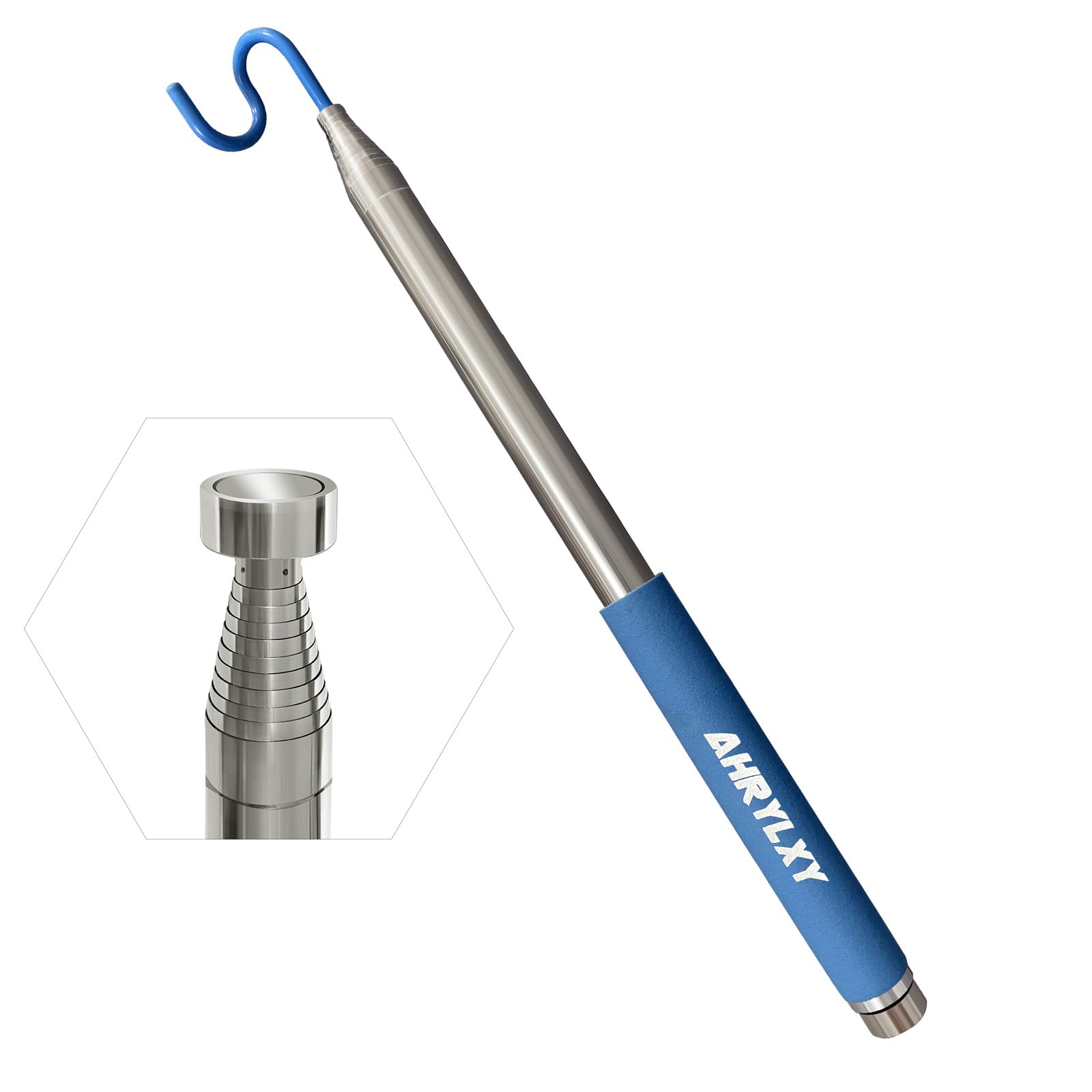 Ahrylxy 10ft telescoping pickup tool with hook offering extended reach for tight spaces.