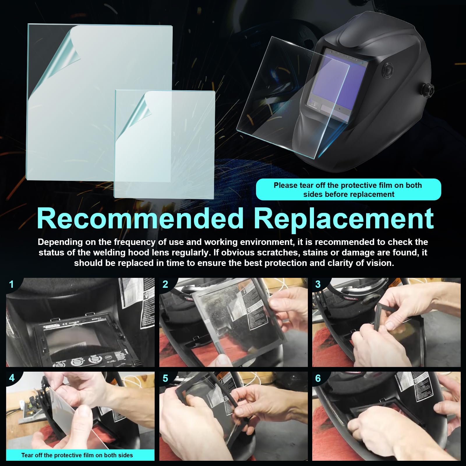 Ahuliao welding hood clear lens, filters glare and sparks during welding tasks.