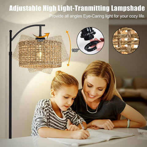 AHDWDW Arc Floor Lamp rattan shade detail enhances cozy boho style.