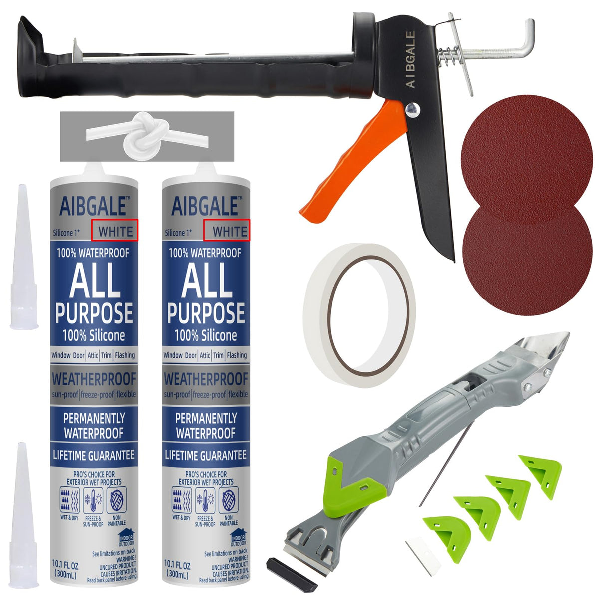 AIBGALE caulking kit contents laid out for easy sealing projects