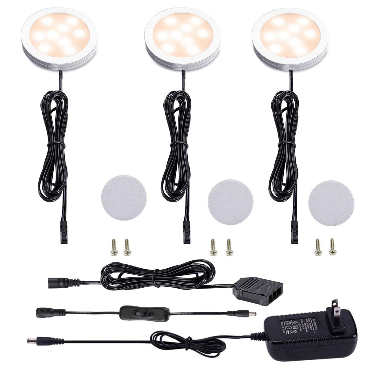 AIBOO 12V LED under-cabinet kit packaging shows a complete kit for easy setup.