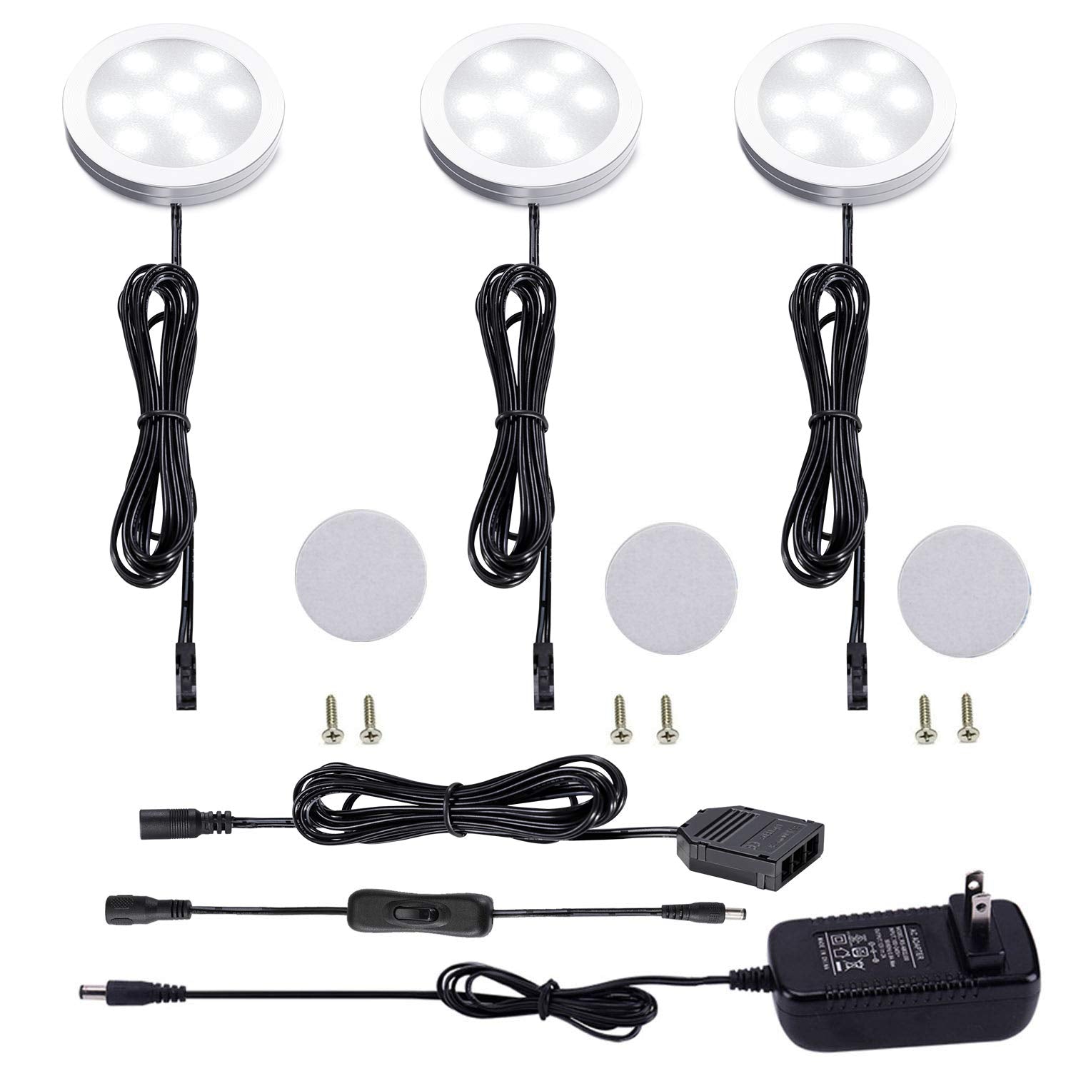 AIBOO 12V under-cabinet kit with three slim puck lights for bright counter illumination.