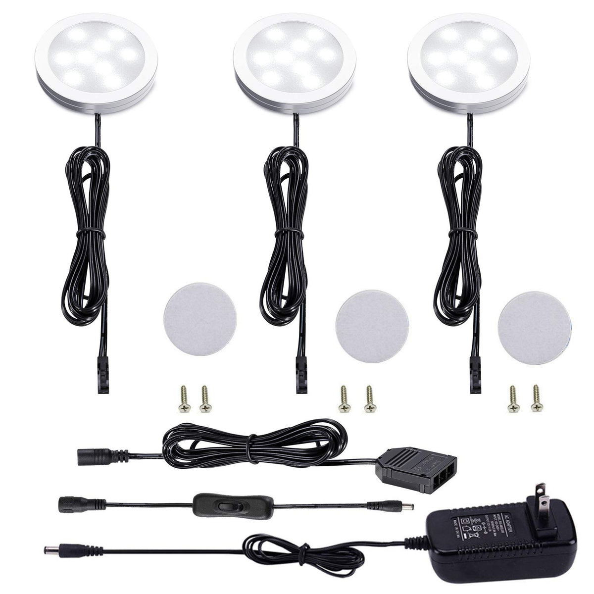 AIBOO 12V under-cabinet kit with three slim puck lights for bright counter illumination.