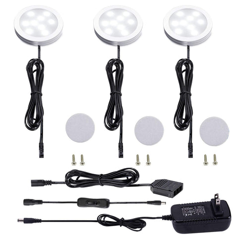 AIBOO 12V under-cabinet kit with three slim puck lights for bright counter illumination.