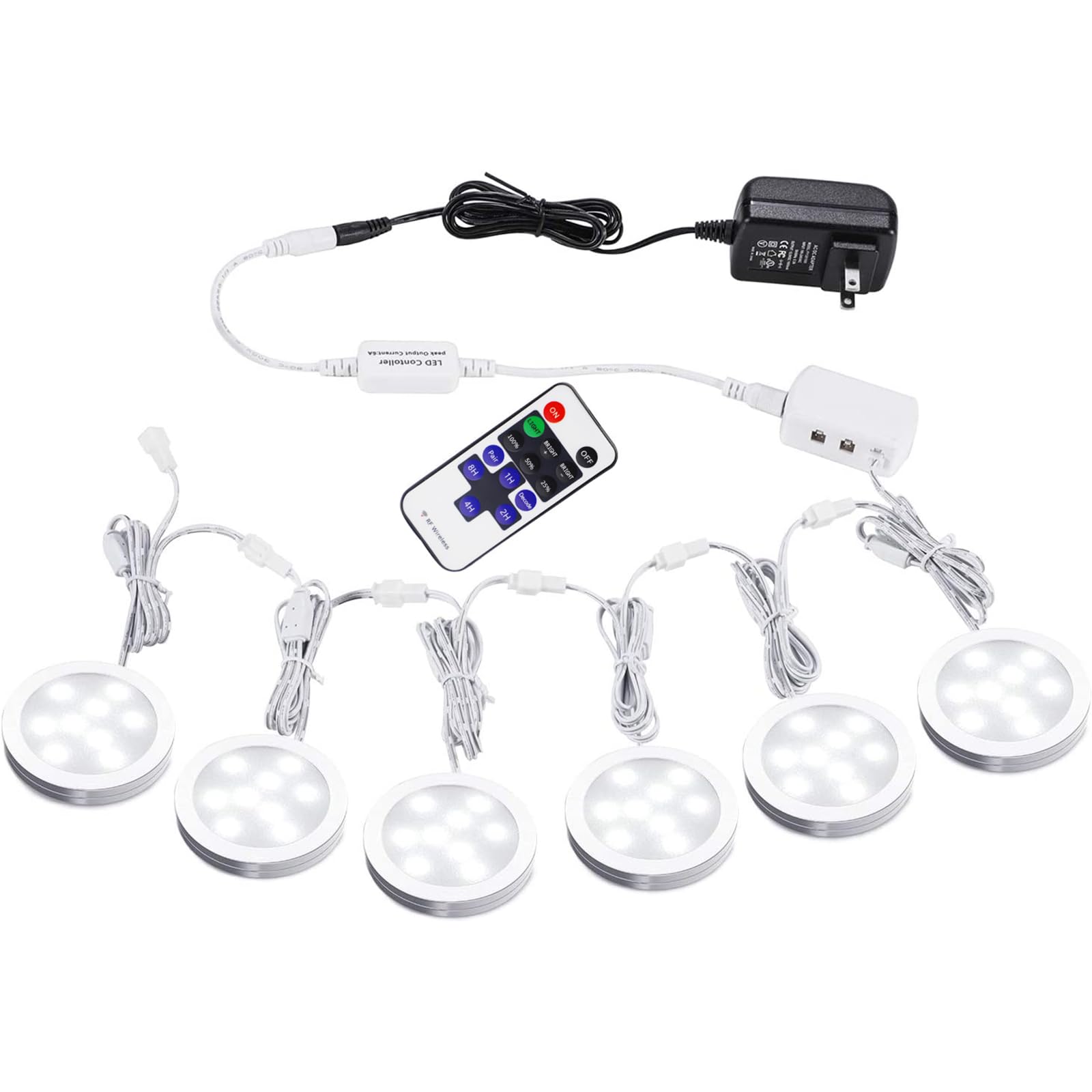 AIBOO linkable under-cabinet LED lighting kit with six puck lights for seamless brightness.