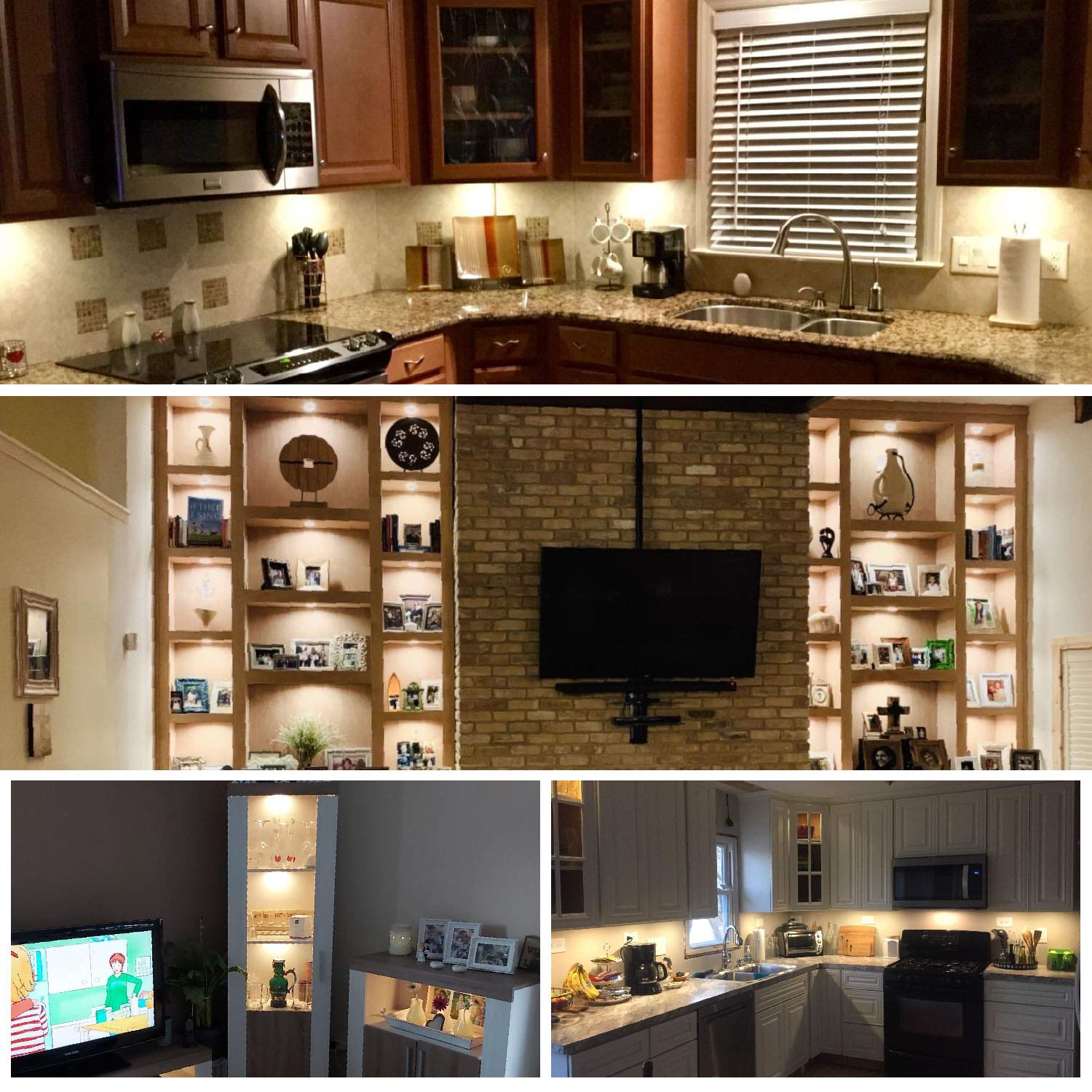 Multiple AIBOO lights mounted under cabinet for even illumination.