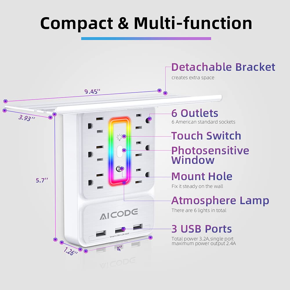 AICODE six-outlet panel with USB charging keeps devices organized