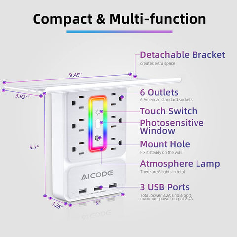 AICODE six-outlet panel with USB charging keeps devices organized