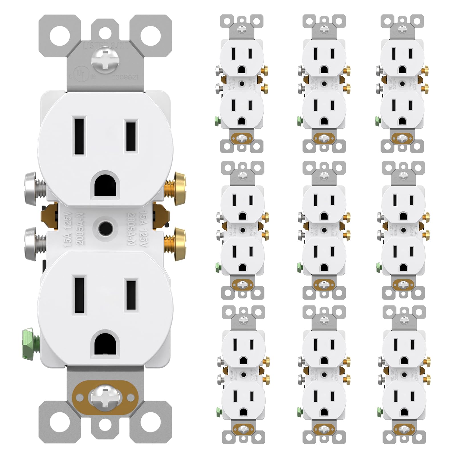 AIDA 10-pack duplex outlet front view highlighting durable housing for home use.