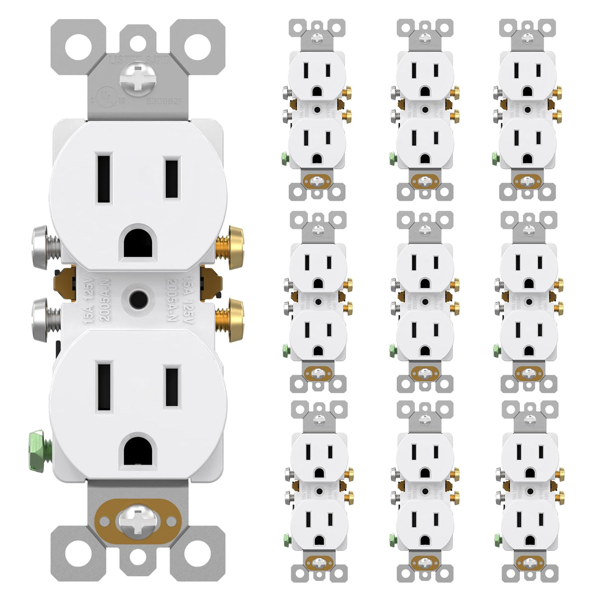 AIDA 10-pack duplex outlet front view highlighting durable housing for home use.