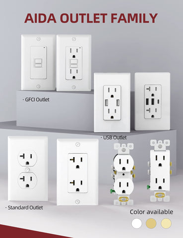 AIDA 2-pole 3-wire NEMA 5-15R outlet suitable for various spaces