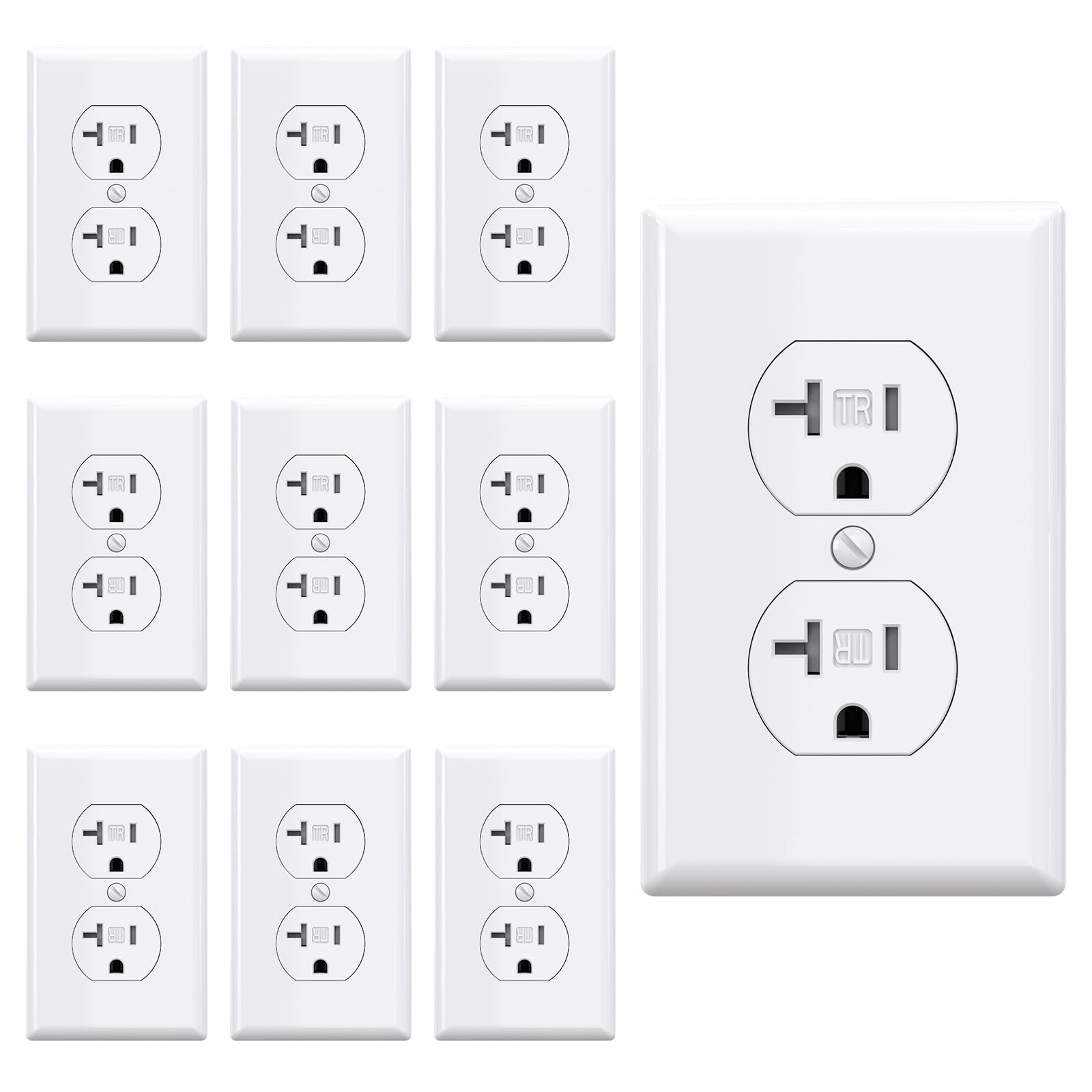 AIDA 20A duplex outlet front view in white for reliable power access.