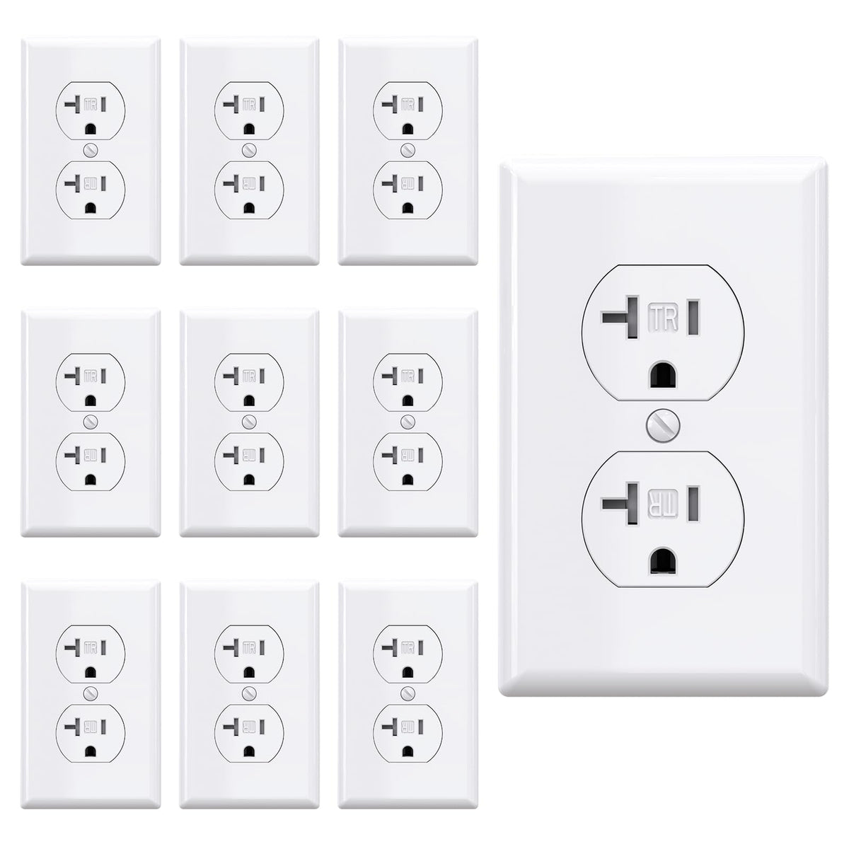 AIDA 20A duplex outlet front view in white for reliable power access.