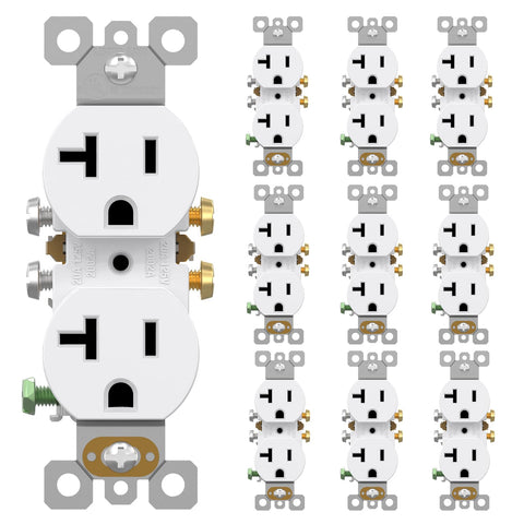 AIDA 20A duplex outlet white, close-up faceplate for reliable home power connections.