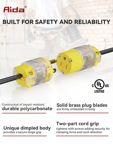AIDA lighted plug with adjustable cord grip fits 18-12 AWG wires.