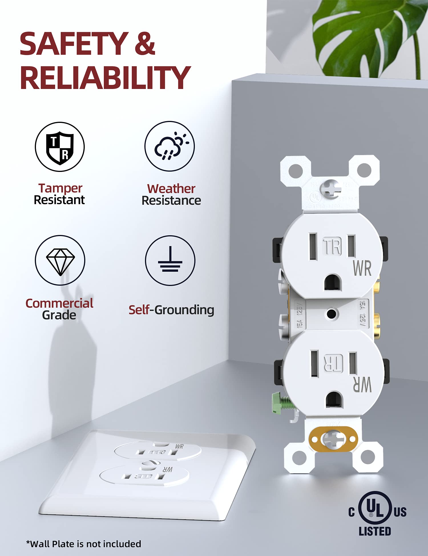 AIDA NEMA 5-15R duplex receptacle featuring self-grounding for simple, safer installations.