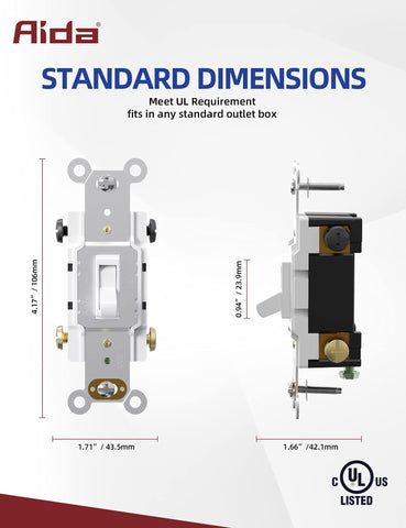 Residential-grade 15A AIDA toggle switch suitable for home lighting circuits