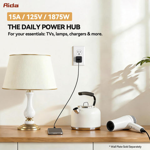 Residential-grade AIDA outlet ideal for living rooms, bedrooms, kitchens, and offices.