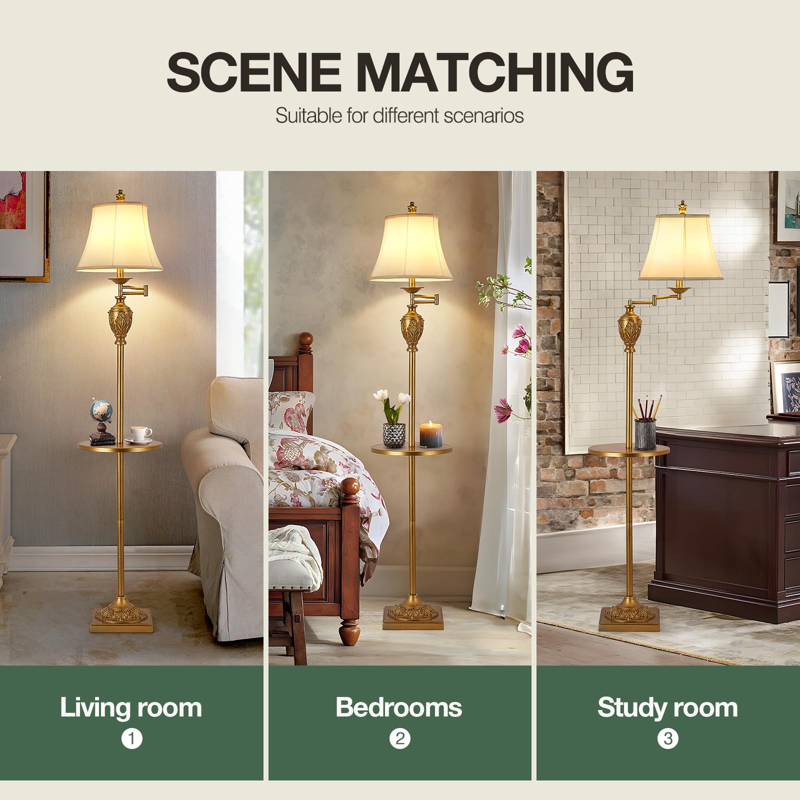 AIDENOEY floor lamp tray holds cups, remotes, or small items.