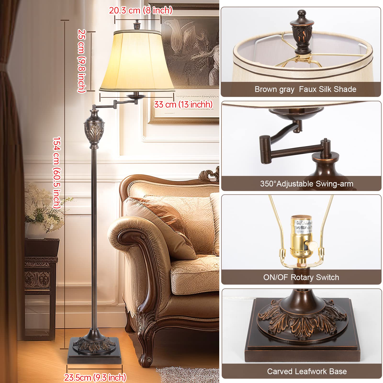 AIDENOEY traditional LED floor lamp shade in faux silk offers soft, warm illumination.