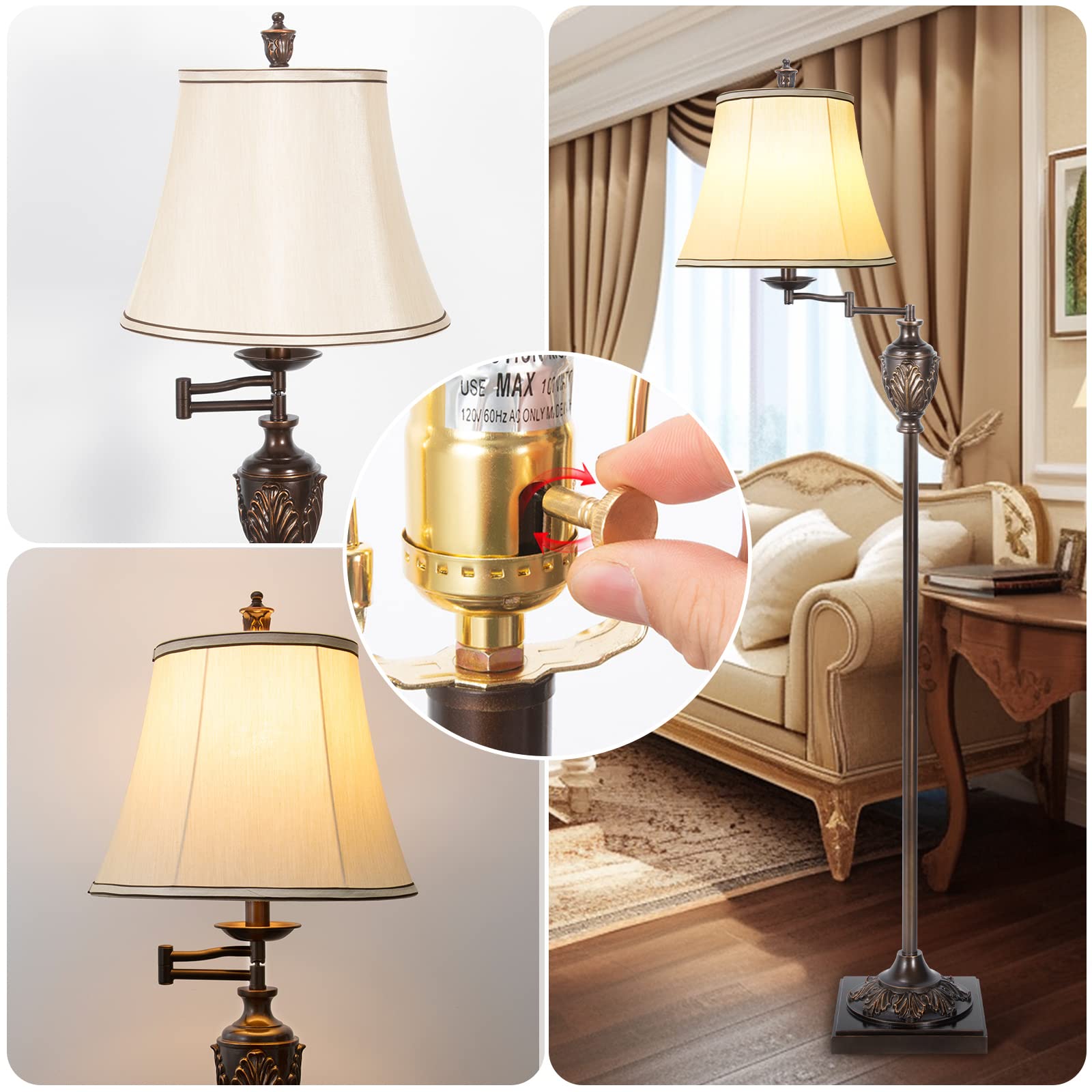AIDENOEY traditional LED floor lamp 350° swing arm enables flexible lighting.