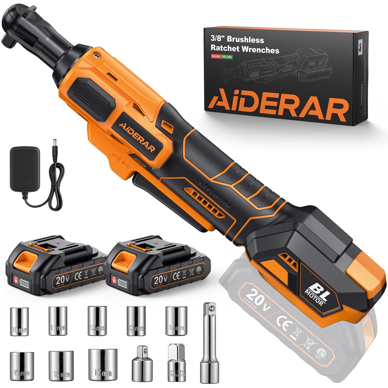 AIDERAR 20V brushless ratchet wrench 3/8 drive close-up for tight spaces.