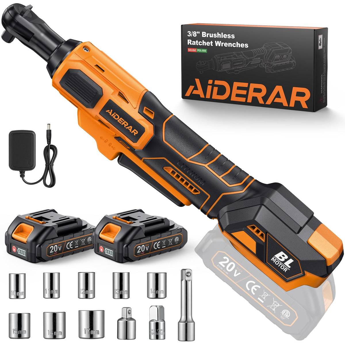 AIDERAR 20V brushless ratchet wrench 3/8 drive close-up for tight spaces.