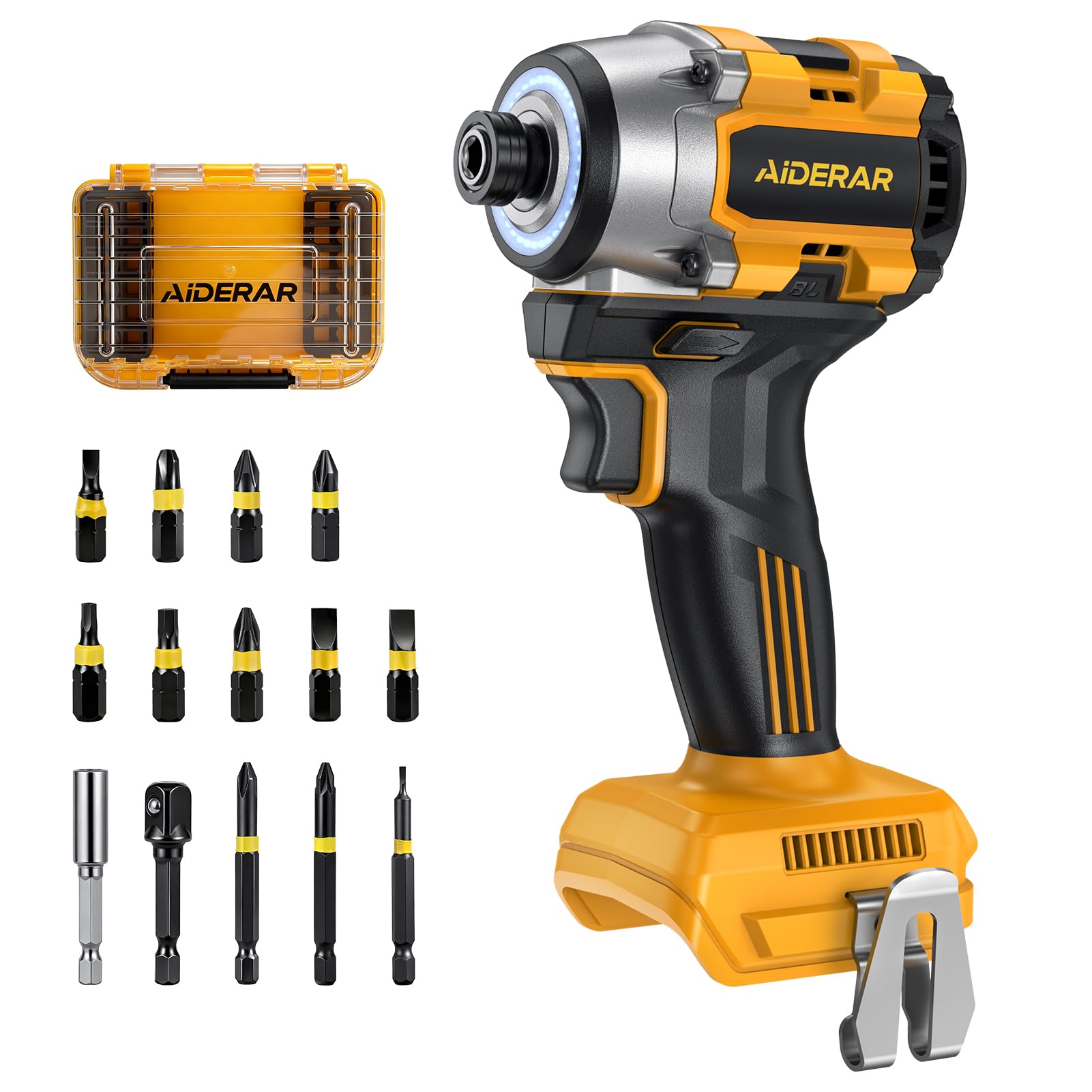 AIDERAR 20V cordless impact driver with quick-release chuck for fast bit changes.