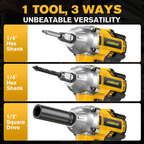 AIDERAR impact wrench shows dual drive half-inch square capability for sockets