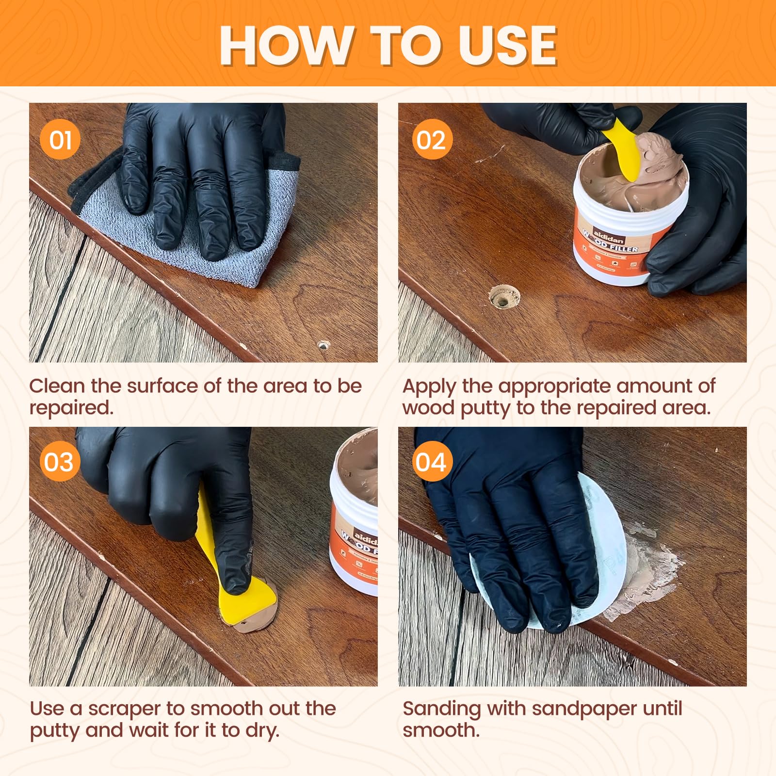 Aididan exterior wood filler waterproof finish demonstrates outdoor surface repair readiness.