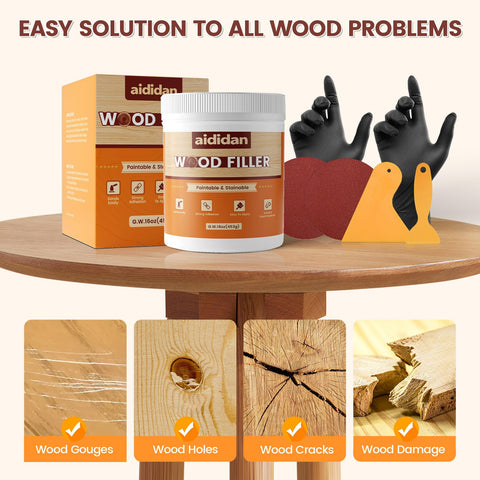 Aididan paintable-stainable wood filler applying demonstrates seamless finish after drying.