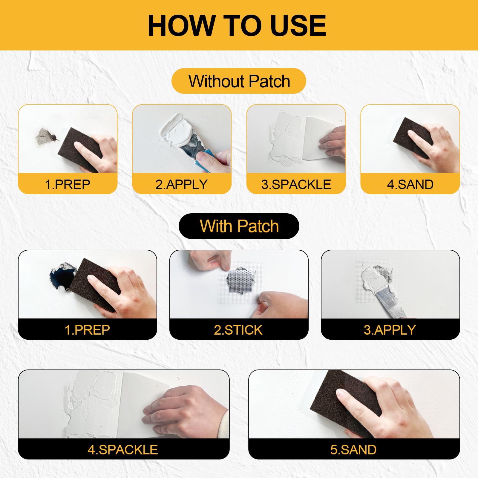 Aididan sanding sponge helps smooth finish after patching.