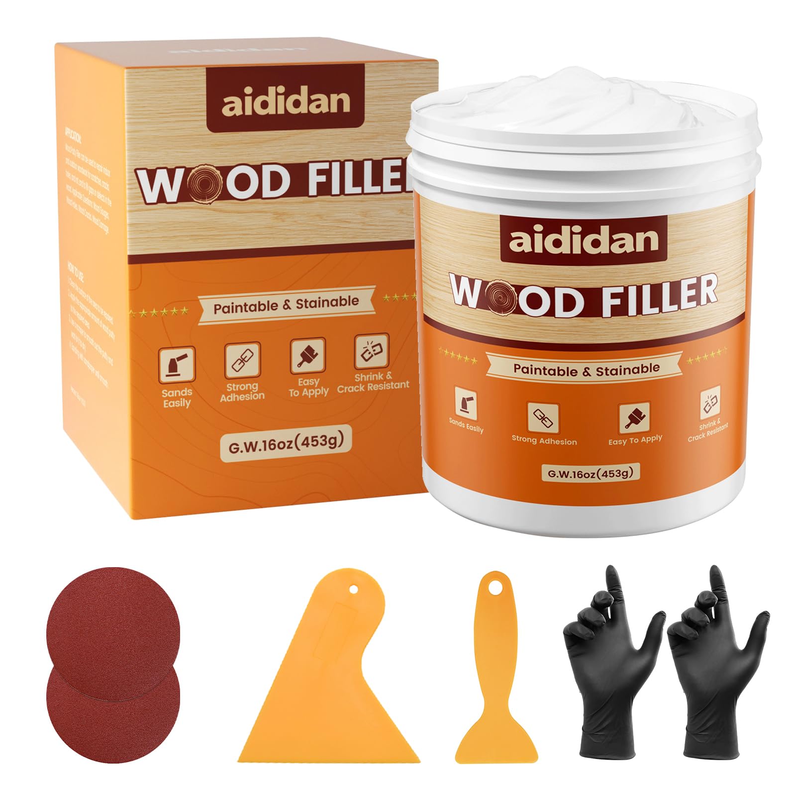 Aididan wood filler 16oz packaging shows a ready-to-use repair for furniture and trim.