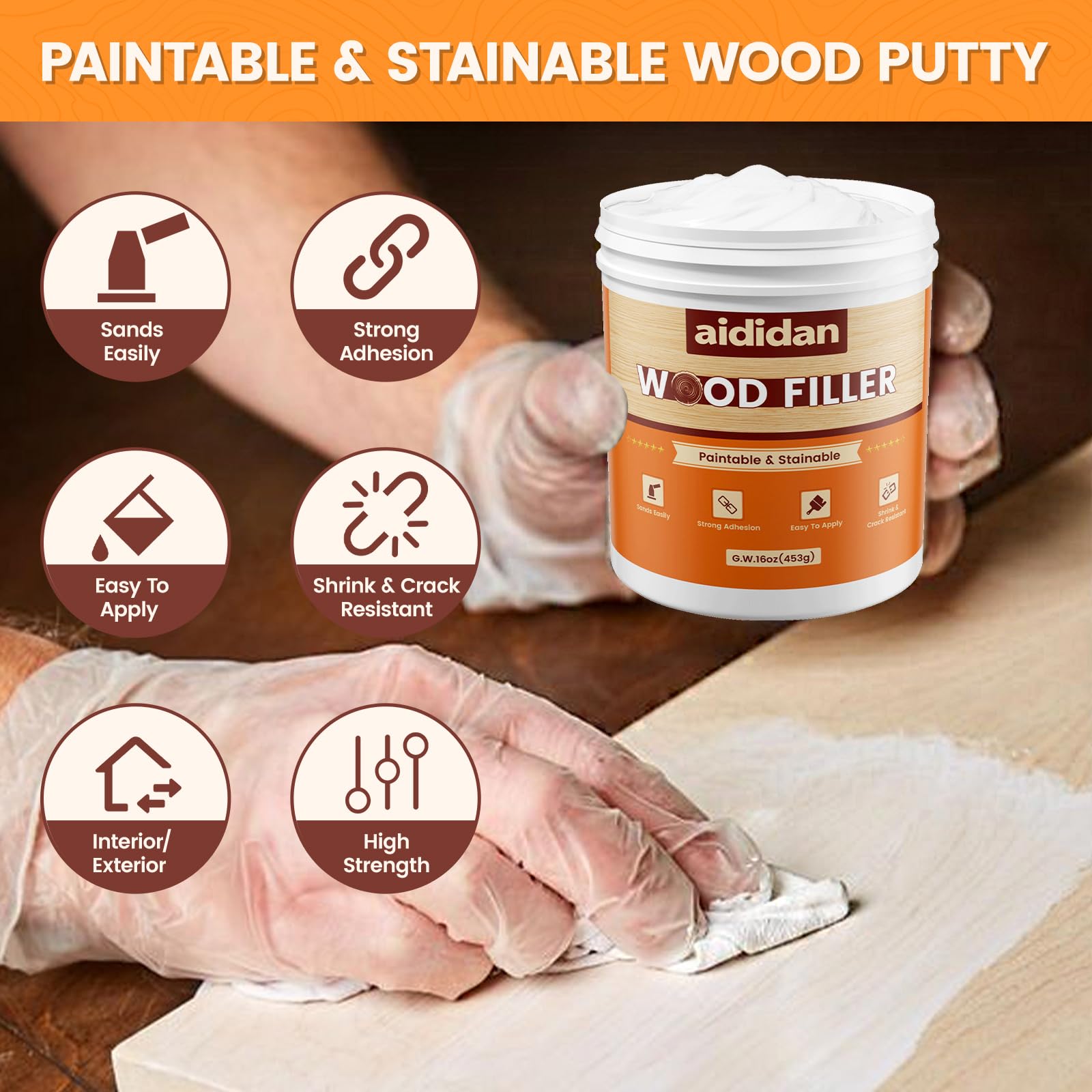 Aididan wood repair kit scrapers facilitate smooth fills on cracks and holes.