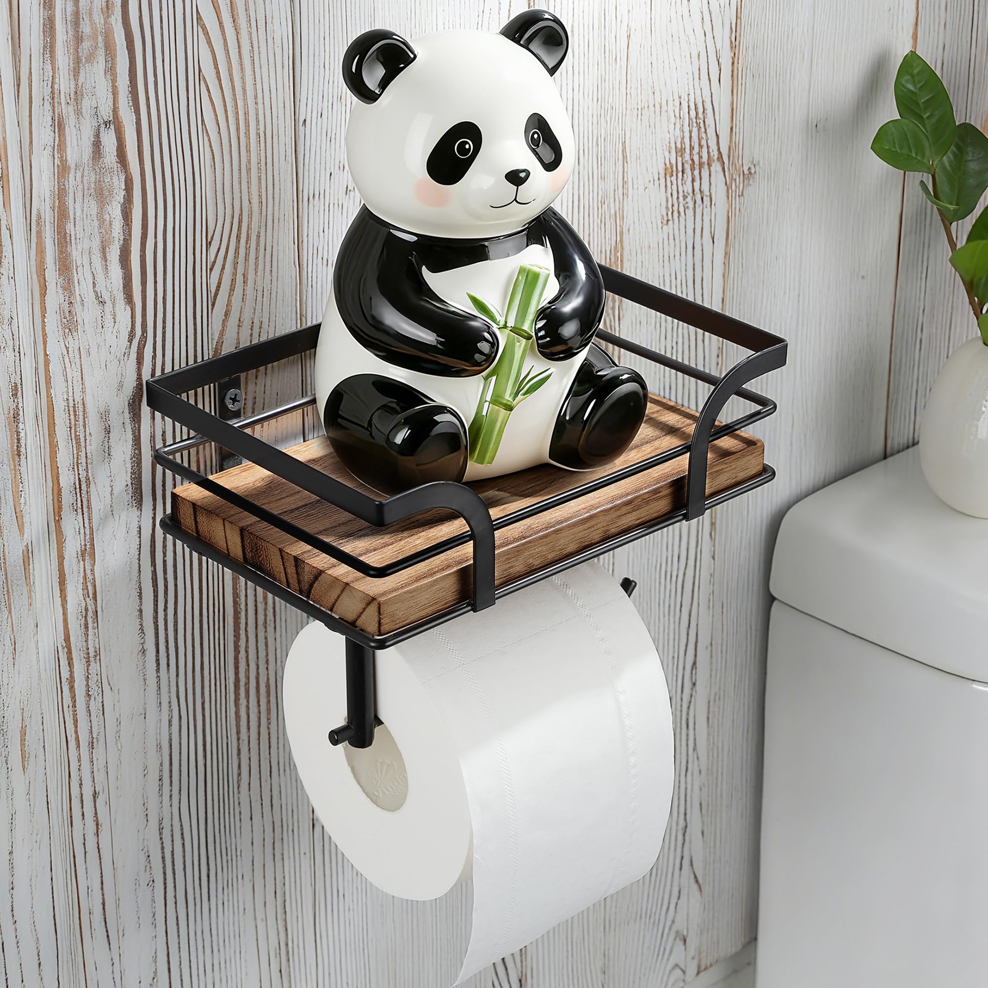 AIDILI farmhouse toilet paper holder with shelf mounted on wall for stylish storage.