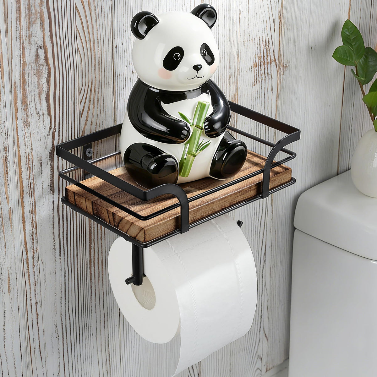 AIDILI farmhouse toilet paper holder with shelf mounted on wall for stylish storage.