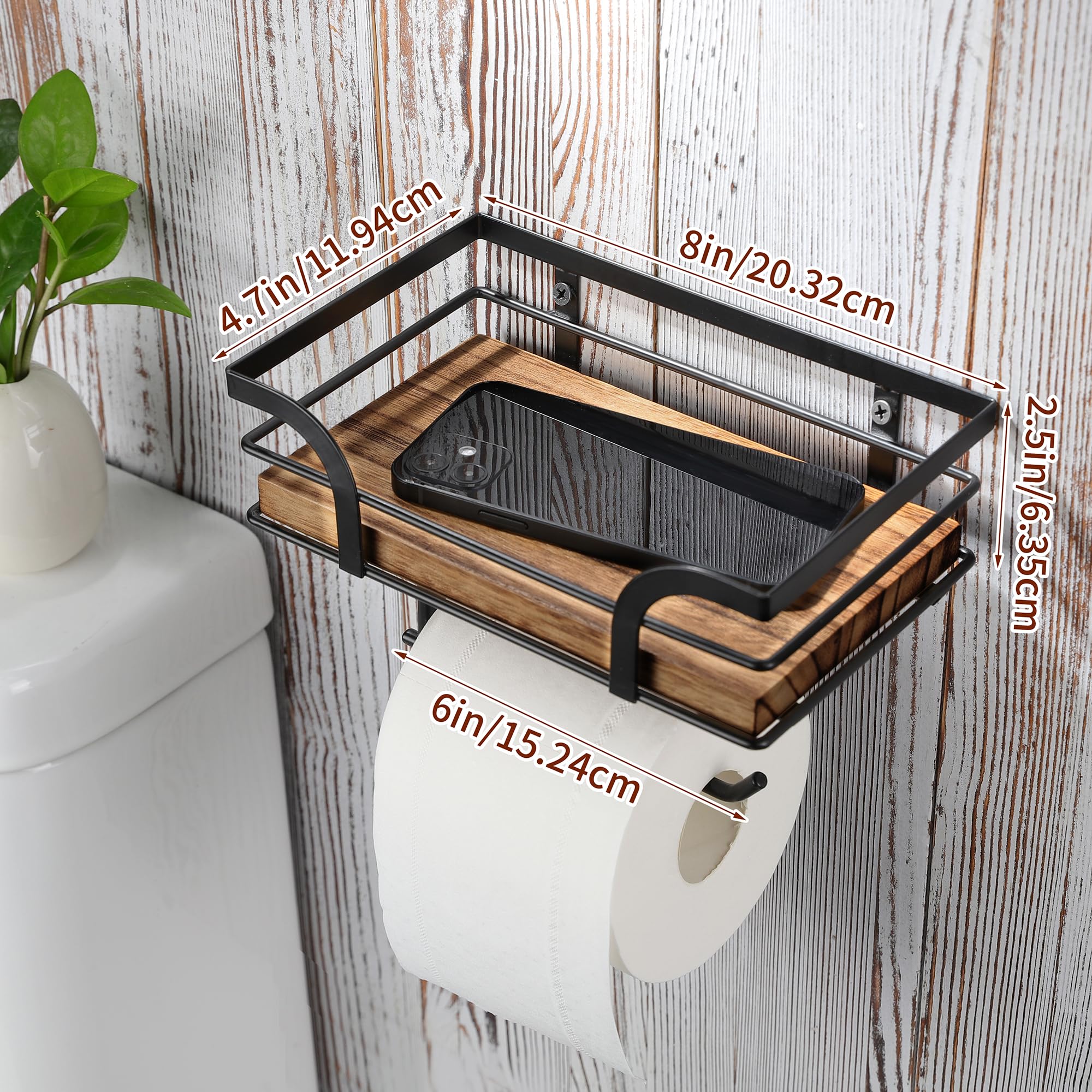 AIDILI rustic bathroom holder close-up showing wood shelf and black metal frame.