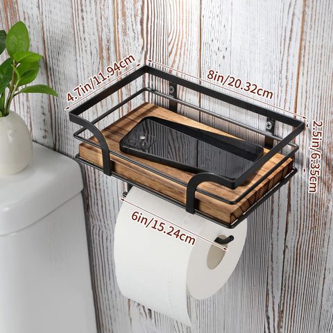 AIDILI rustic bathroom holder close-up showing wood shelf and black metal frame.