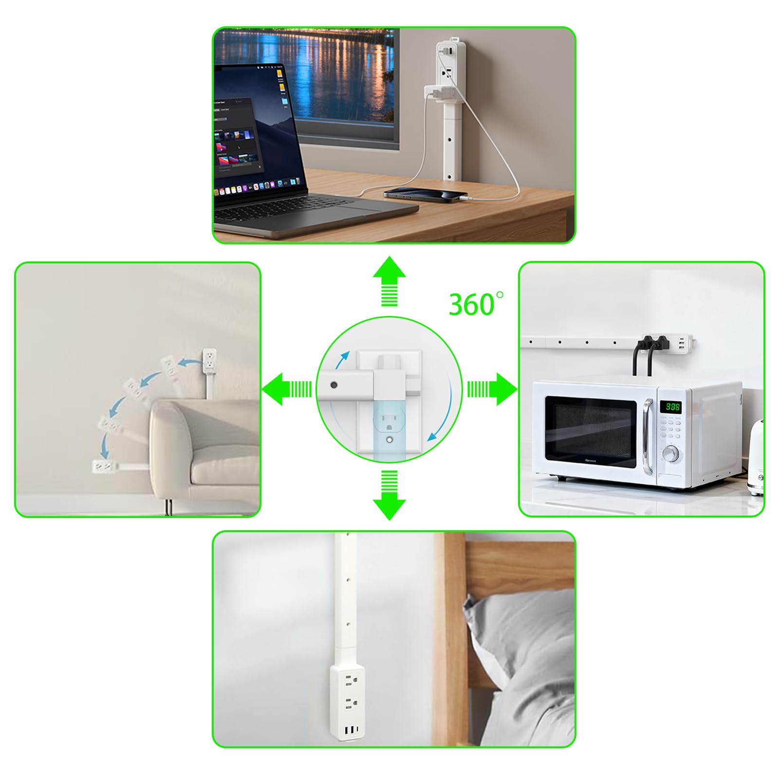 Aidmom 360° rotating plug directs power toward hard-to-reach outlets.