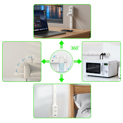 Aidmom 360° rotating plug directs power toward hard-to-reach outlets.