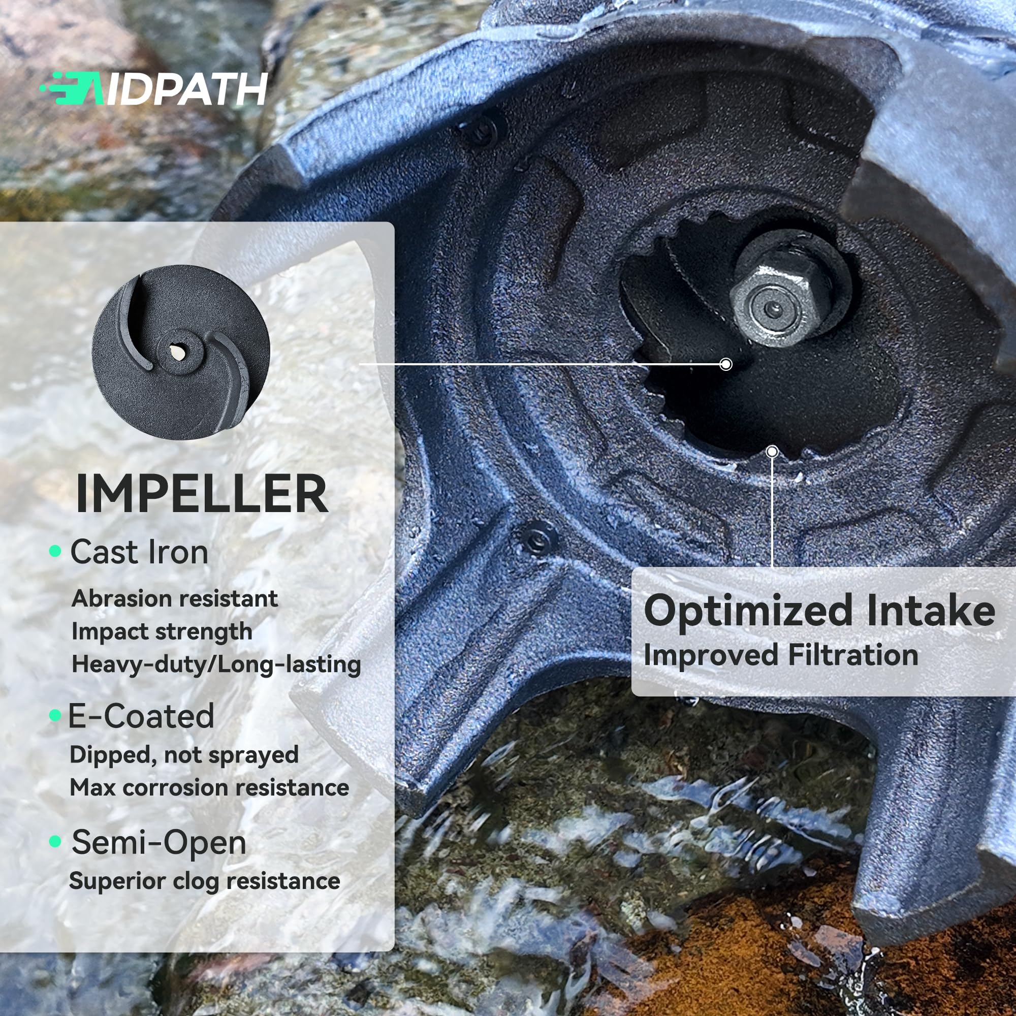 AIDPATH clog cutting impeller helps reduce clogs when debris is present