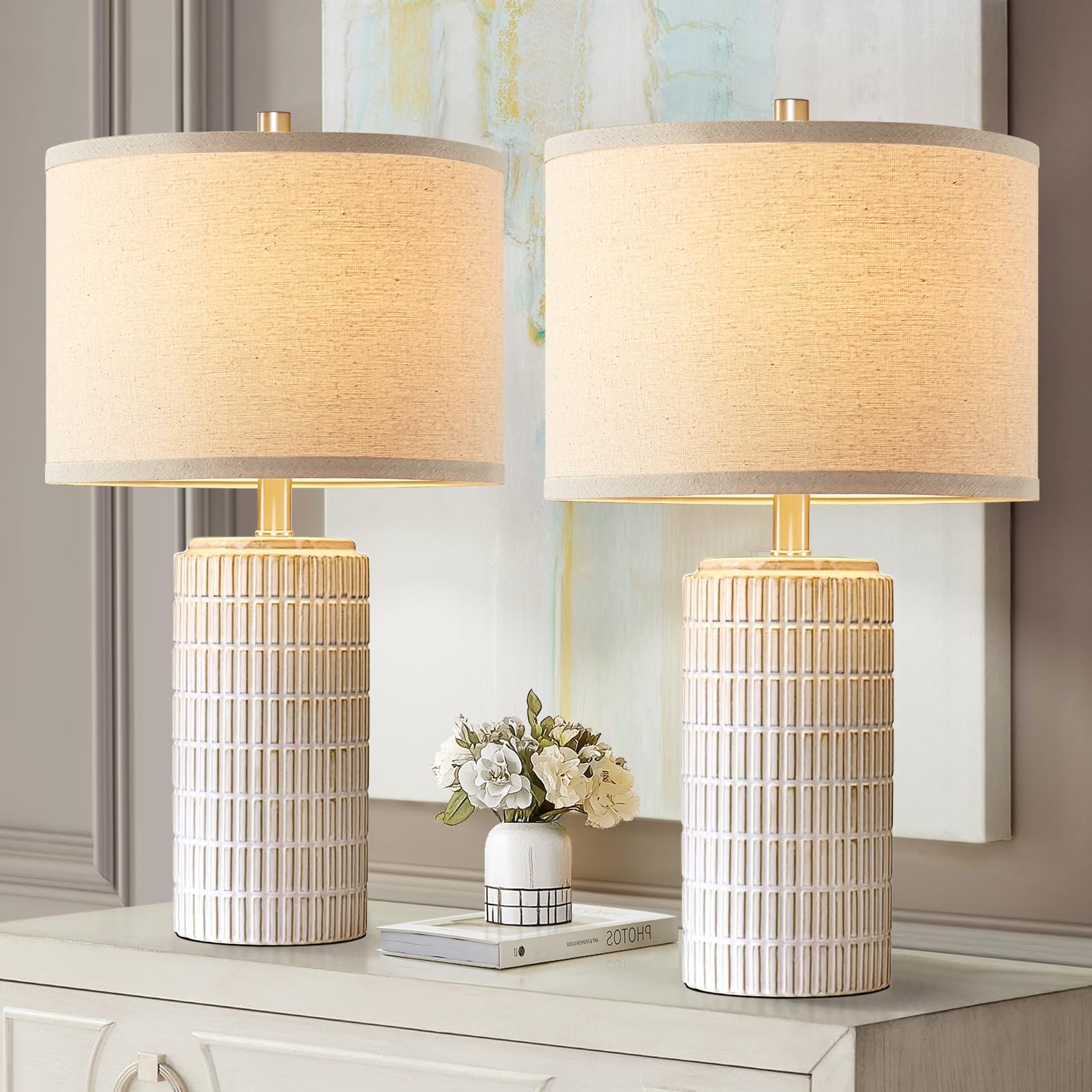 AIEAMPDO ceramic table lamp with striped beige-white base for a durable, stylish bedside touch