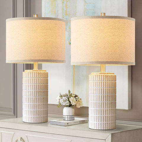 AIEAMPDO ceramic table lamp with striped beige-white base for a durable, stylish bedside touch